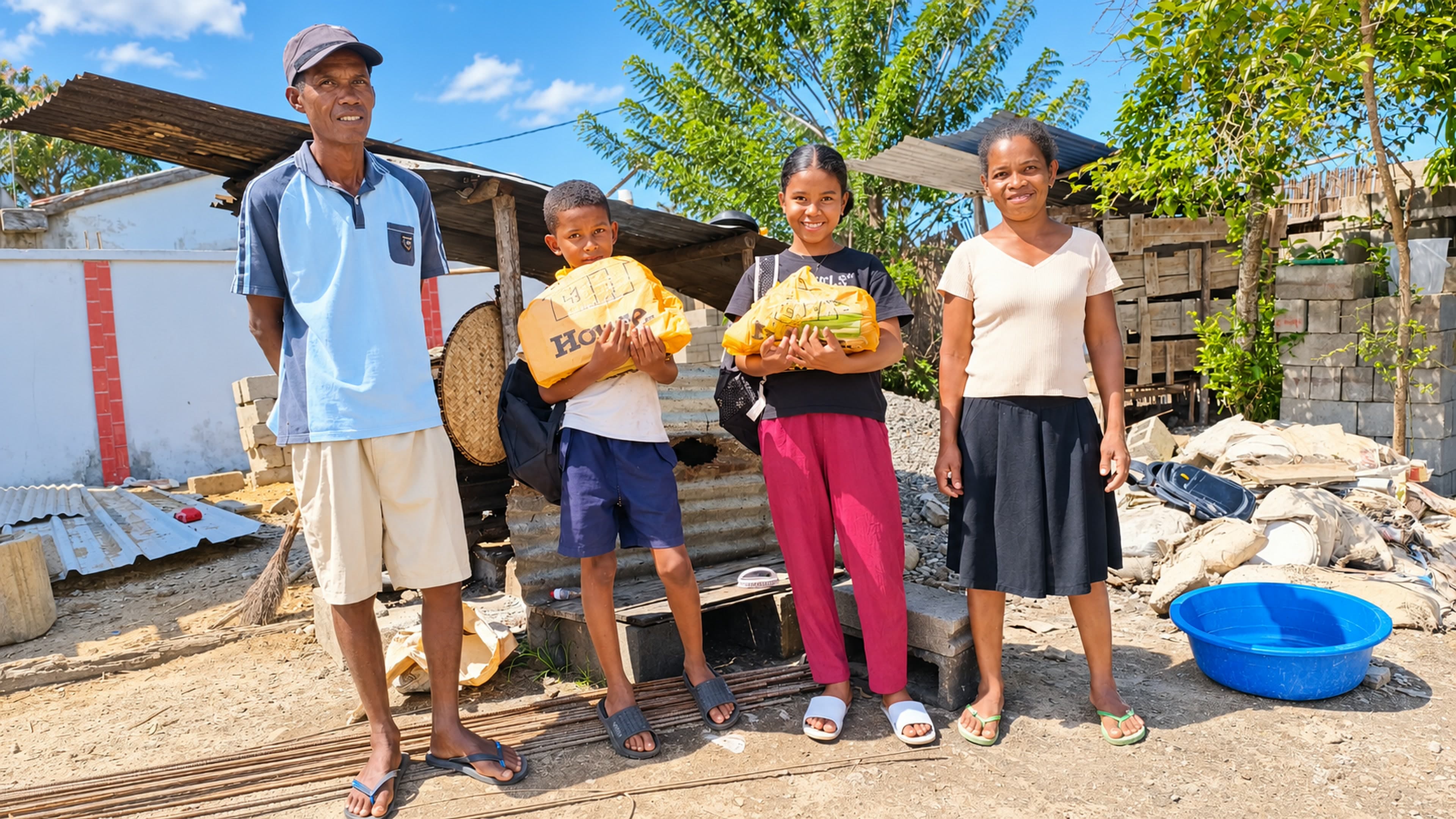 Two Malagasy to School students receiving school supplies alongside family and community members